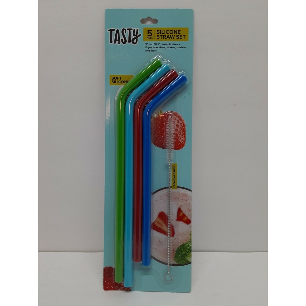 New TASTY Reusable 5 Piece‎ Silicone Straws w/ Cleaning Brush Set